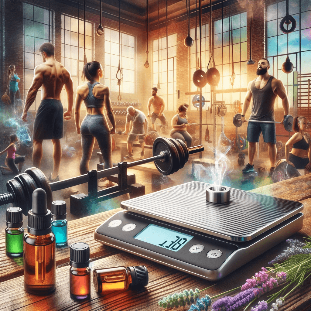DALL·E 2024 01 25 13.50.57 Enhance the vibrant gym scene with people engaged in weightlifting now including a digital balance scale prominently featured. The scene remains surr