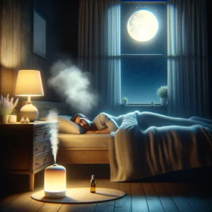 DALL·E 2024 02 12 14.16.48 Visualize a peaceful bedroom scene at night where a person is sleeping soundly in their bed. The room is softly lit by the moonlight filtering throug