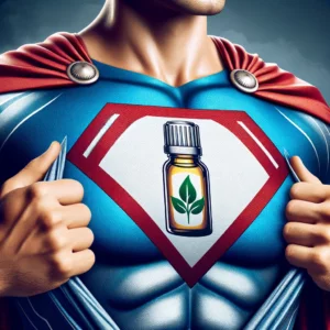 DALL·E 2024 02 12 14.34.40 Refine the image to focus closely on the superheros chest where a detailed emblem of an essential oil bottle is prominently featured. This emblem is
