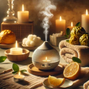 DALL·E 2024 02 15 10.40.37 Imagine a serene and inviting scene that visually communicates the benefits of bergamot essential oil for relaxation. The setting is a tranquil spa li