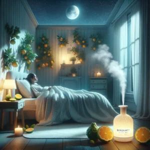 DALL·E 2024 02 15 10.55.10 Visualize a calming and restful scene that symbolizes the effect of bergamot essential oil in inducing sleepiness. The image features a cozy bedroom a