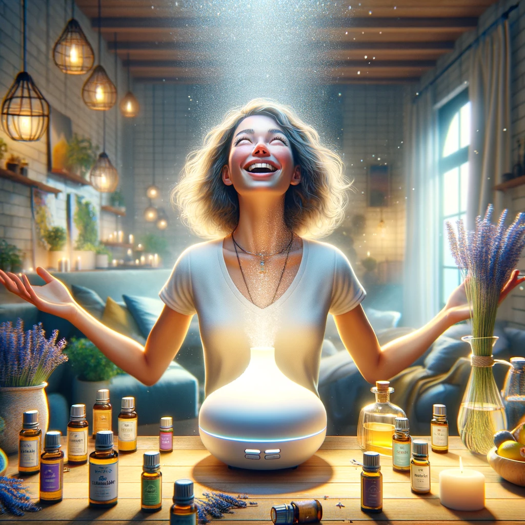 DALL·E 2024 02 15 13.39.23 Create a photorealistic illustration that depicts a person radiating happiness and joy surrounded by essential oils. The setting is a brightly lit c