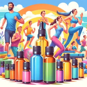 DALL·E 2024 02 15 13.58.15 Create a vibrant and eye catching illustration featuring essential oils and happy people engaging in physical exercise. The scene should show a variet