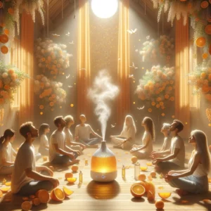 DALL·E 2024 02 16 11.37.21 A serene and uplifting scene illustrating the power of orange essential oil in combating depression. Imagine a tranquil space filled with soft warm l