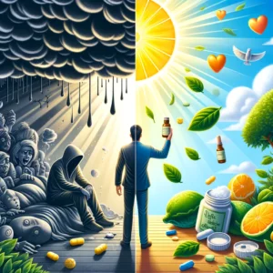 DALL·E 2024 02 16 12.43.02 Illustrate an inspiring transformation journey titled Forget Antidepressants How Bergamot Can Change Your Life in 30 Days The image shows a vibran