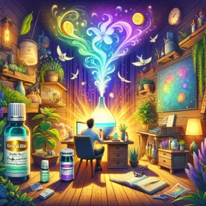 DALL·E 2024 02 17 08.48.15 Illustrate an enchanting and dynamic scene that visually encapsulates the theme Secret Revealed Essential Oils to Double Your Productivity The ima