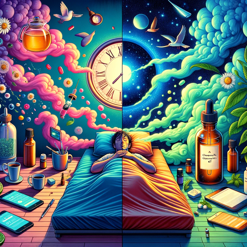 DALL·E 2024 02 19 09.24.04 A vibrant and eye catching illustration that depicts the transition from harmful nighttime habits to a serene and restful sleep through the power of e