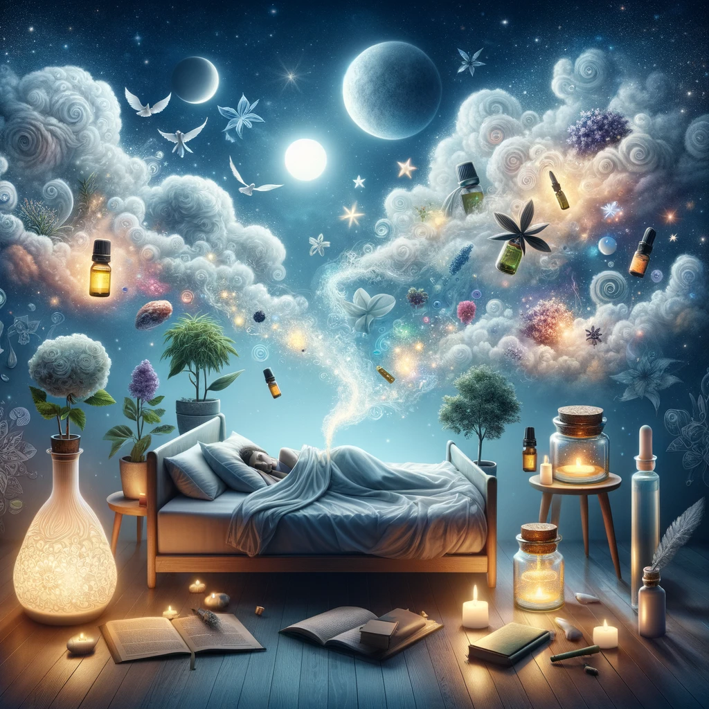 DALL·E 2024 02 19 09.32.52 Create a captivating and imaginative illustration that showcases the theme Revolutionize Your Sleep with These Unusual Essential Oil Tips . The artwo
