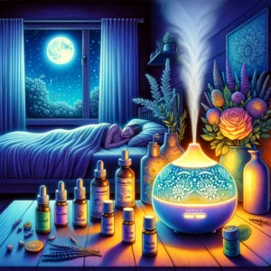 DALL·E 2024 02 19 12.12.56 A vivid and colorful illustration depicting the tranquil and harmonious relationship between aromatherapy and sleep. The scene features a serene bedro