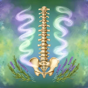 DALL·E 2024 02 21 11.16.33 Illustrate an artistic and anatomical representation of a human spine surrounded by an aura of rosemary and lavender essential oils. The spine detail
