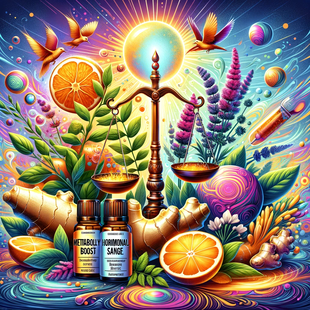 DALL·E 2024 02 21 12.01.34 Create a vibrant and engaging illustration that showcases the synergy between ginger and clary sage essential oils for hormonal balance and weight los