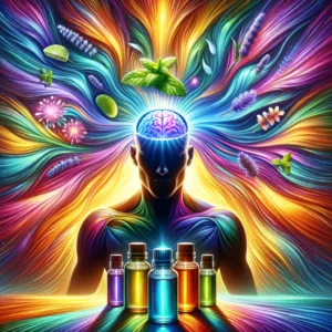 DALL·E 2024 02 21 13.15.03 Create a dynamic and colorful illustration that depicts the relief of migraine through the use of essential oils. The image should feature a human sil