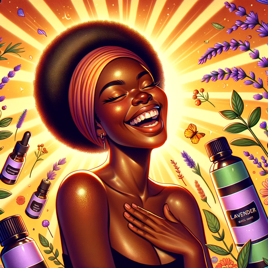 DALL·E 2024 02 21 14.52.20 Create an illustration that depicts a joyful Black person celebrating their healthy glowing skin thanks to the use of essential oils. The scene shou
