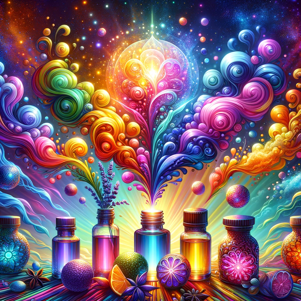 DALL·E 2024 02 22 09.43.06 Create a visually striking and colorful illustration depicting the theme of anti stress aromatherapy. This vibrant image should highlight the transfor