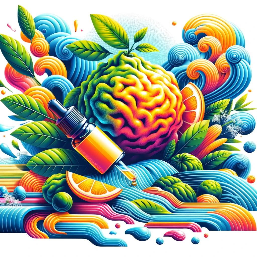 DALL·E 2024 02 22 12.45.26 Create a vibrant and eye catching illustration that captures the essence of using bergamot essential oil for mental relaxation and stress relief. The