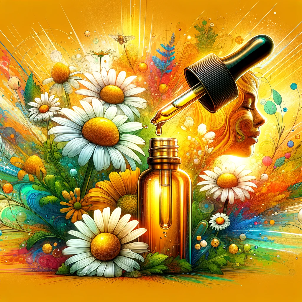 DALL·E 2024 02 22 13.17.37 Create a vivid and captivating illustration that embodies the therapeutic essence of chamomile essential oil. The image should feature chamomile flowe