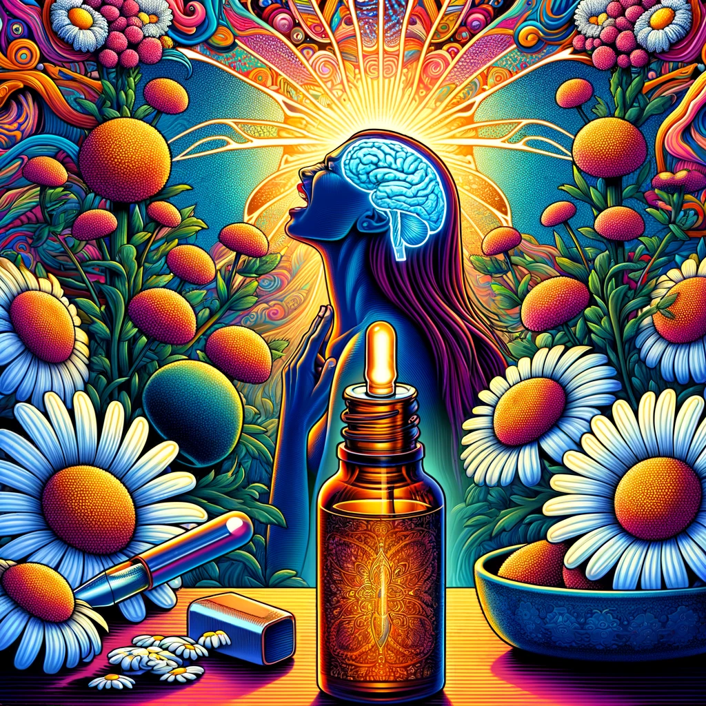 DALL·E 2024 02 22 14.46.53 Illustrate an eye catching vibrant scene that showcases the experience of menstrual pain juxtaposed with the soothing presence of essential oil bottl