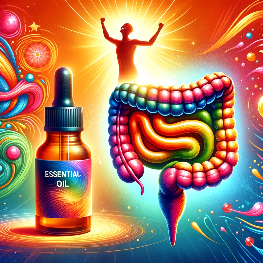 DALL·E 2024 02 22 16.21.08 Create a vibrant and eye catching image that showcases a bottle of essential oil a stylized human intestine and a happy person. The bottle should be