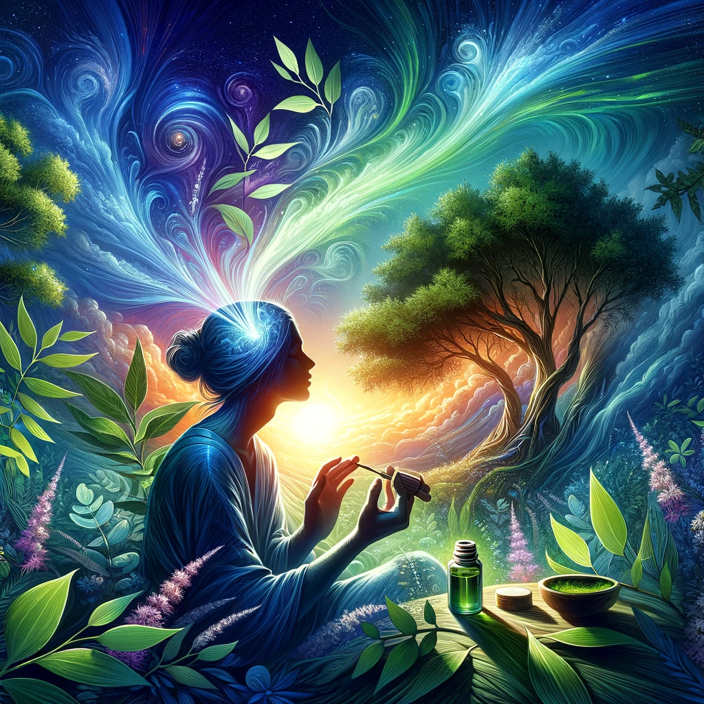 DALL·E 2024 02 23 09.58.57 Illustrate a vibrant and captivating scene showcasing the healing power of eucalyptus for headache relief. The image features a person in a state of s