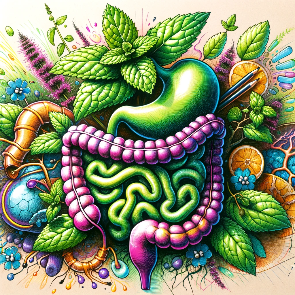 DALL·E 2024 02 26 11.17.20 Create a vibrant and eye catching drawing that depicts peppermint Mentha piperita and the digestive system integrating them in an imaginative way.