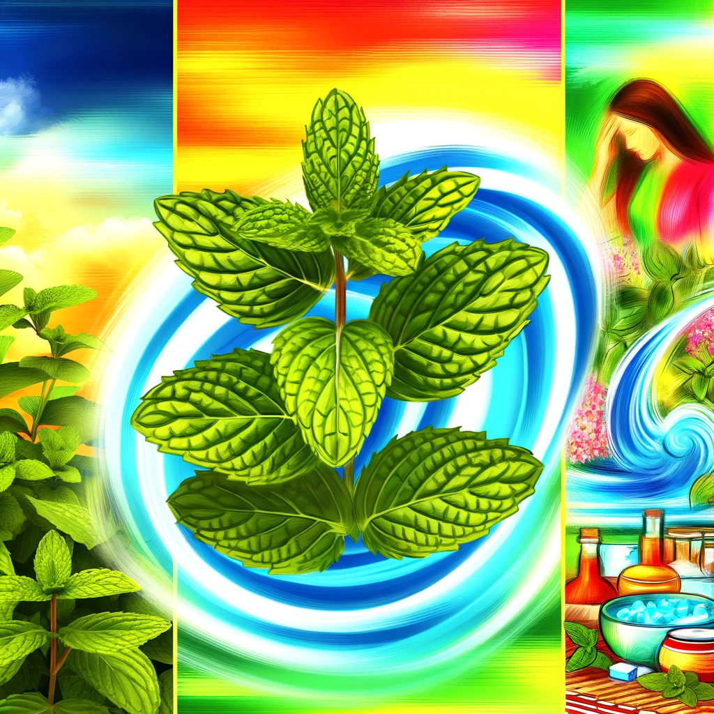 DALL·E 2024 02 26 12.22.36 Create a captivating and colorful illustration that encompasses the essence of peppermint Mentha piperita as a multifaceted plant with a rich histor