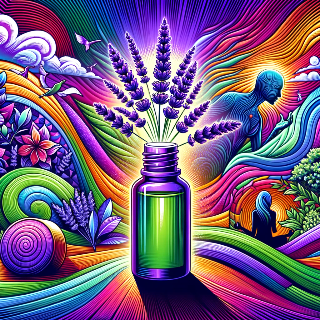 DALL·E 2024 02 27 08.13.28 Illustrate a dynamic and colorful scene that portrays the concept of lavender essential oil being used to alleviate headaches. The scene should includ