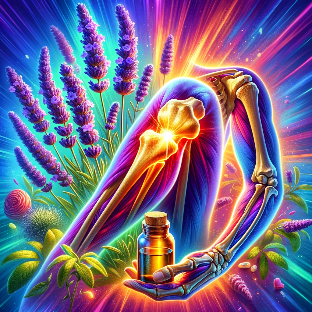 DALL·E 2024 02 27 09.15.45 Create a vivid and eye catching illustration featuring essential lavender oil and joints emphasizing the therapeutic connection between the two. The