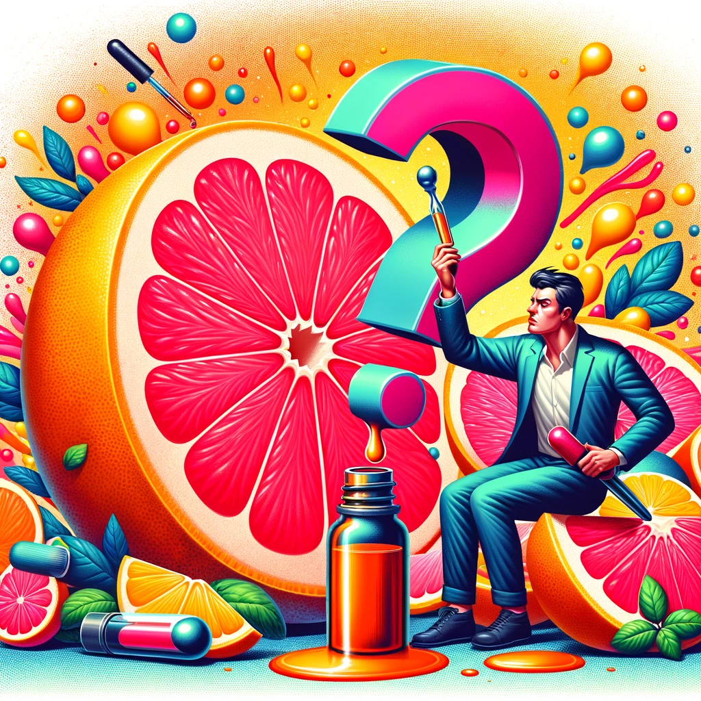 DALL·E 2024 02 27 14.34.11 A vivid and eye catching illustration related to grapefruit essential oil. The scene includes a large bright pink grapefruit slice with droplets of