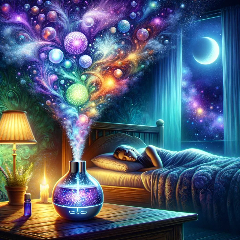 DALL·E 2024 02 27 16.31.44 Illustrate a more dramatic and visually striking scene focused on the theme of essential oils for a restful sleep. The composition includes a beautifu
