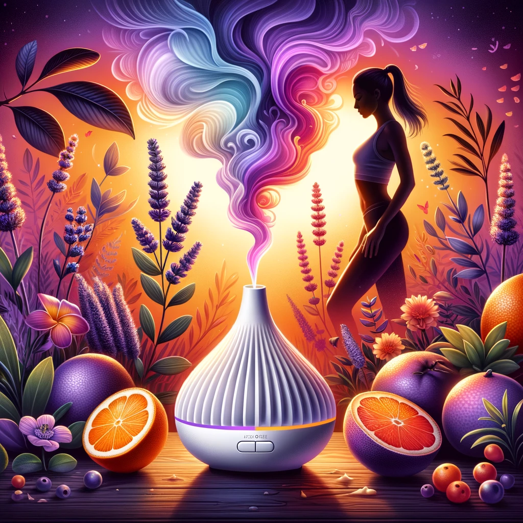DALL·E 2024 02 28 08.57.58 Create a vibrant and eye catching illustration that encapsulates the essence of using lavender and bitter orange petigrain essential oils for weight