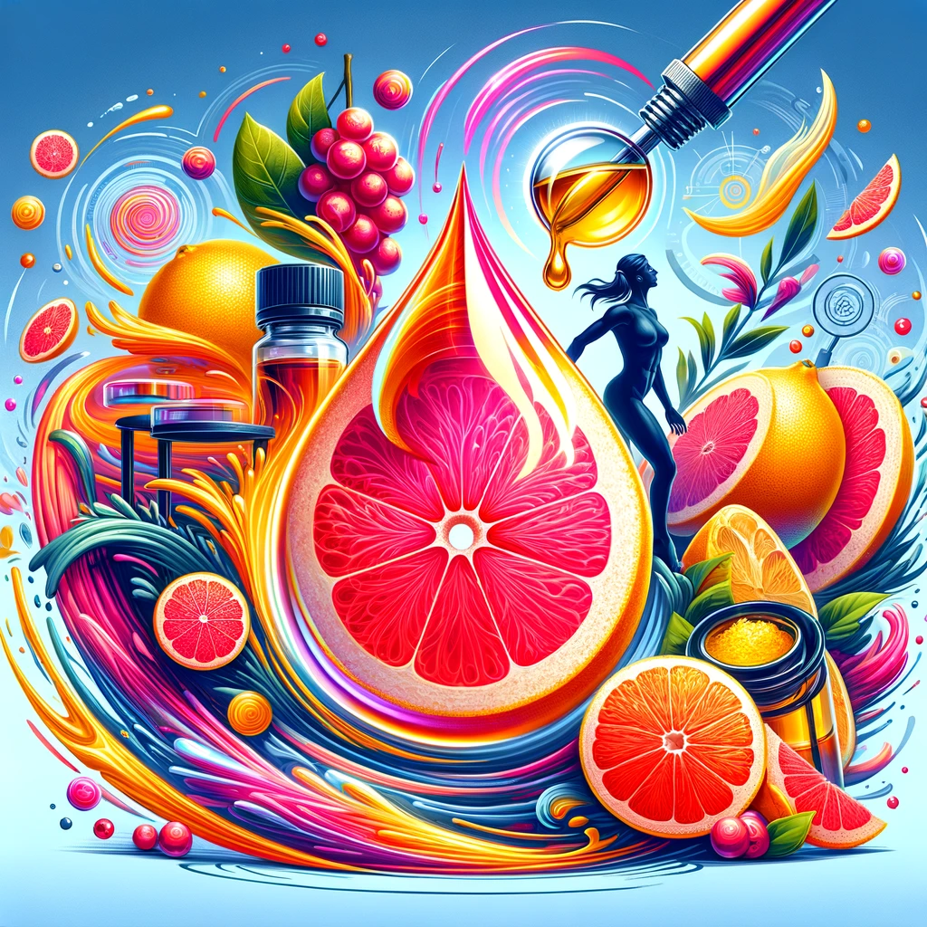 DALL·E 2024 02 28 10.23.38 Create a vivid and eye catching illustration that embodies the essence of grapefruit essential oils power in boosting metabolism and aiding weight lo