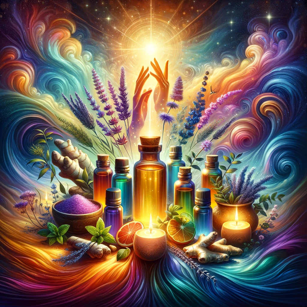 DALL·E 2024 02 28 11.21.09 Illustrate a captivating scene that embodies the essence of using essential oils for deep muscle relaxation and overall well being. The image should f