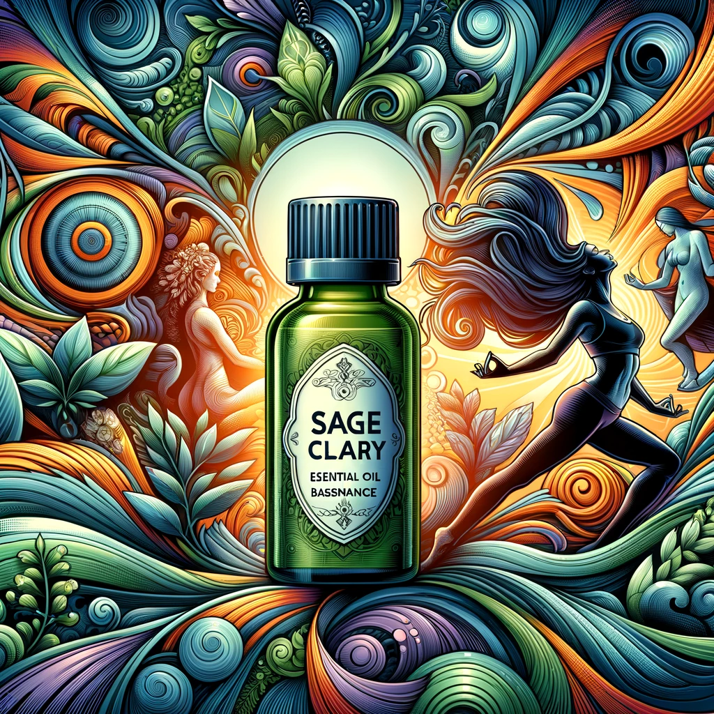 DALL·E 2024 02 28 13.15.50 Create a vivid and attention grabbing illustration that encapsulates the essence of using Sage Clary essential oil for weight loss and hormonal balanc
