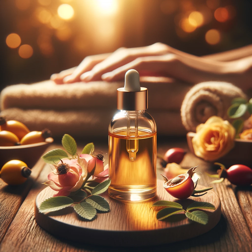 DALL·E 2024 02 29 13.49.08 Imagine a serene and luxurious spa setting where the focus is on natural skin care. In the center a small elegant glass bottle of rosehip oil sits a