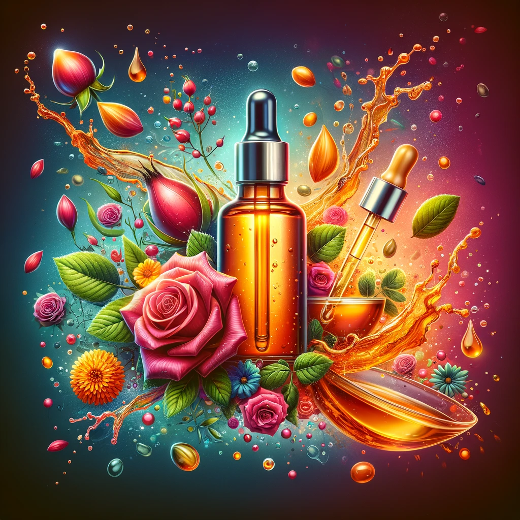 DALL·E 2024 02 29 14.08.46 Create a vibrant and eye catching image that showcases rosehip essential oil and skin care. The image should be filled with strong vivid colors to dr